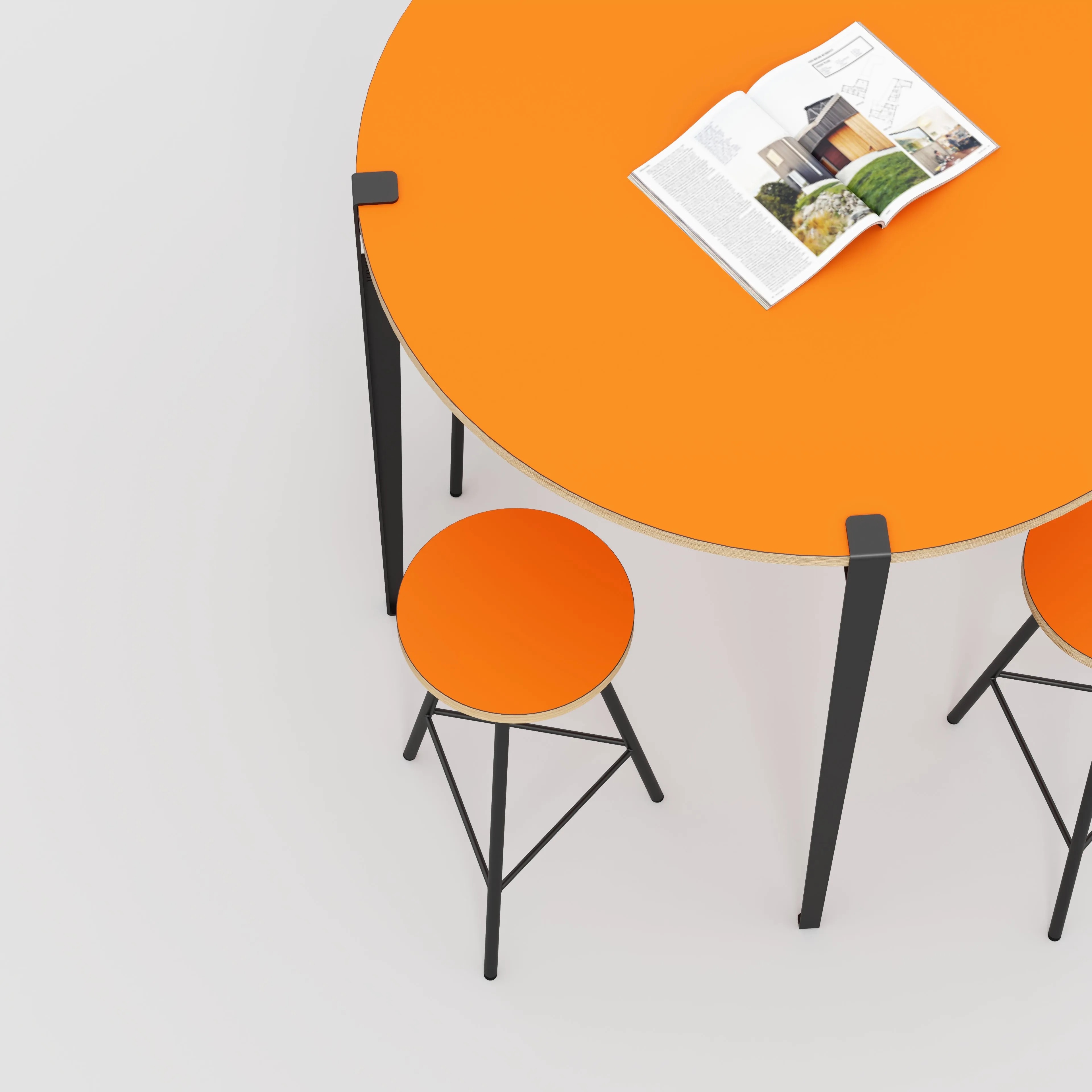 Plywood Round Table with Black Tiptoe Legs - Formica Levante Orange - 1200(dia) x 1100(h)