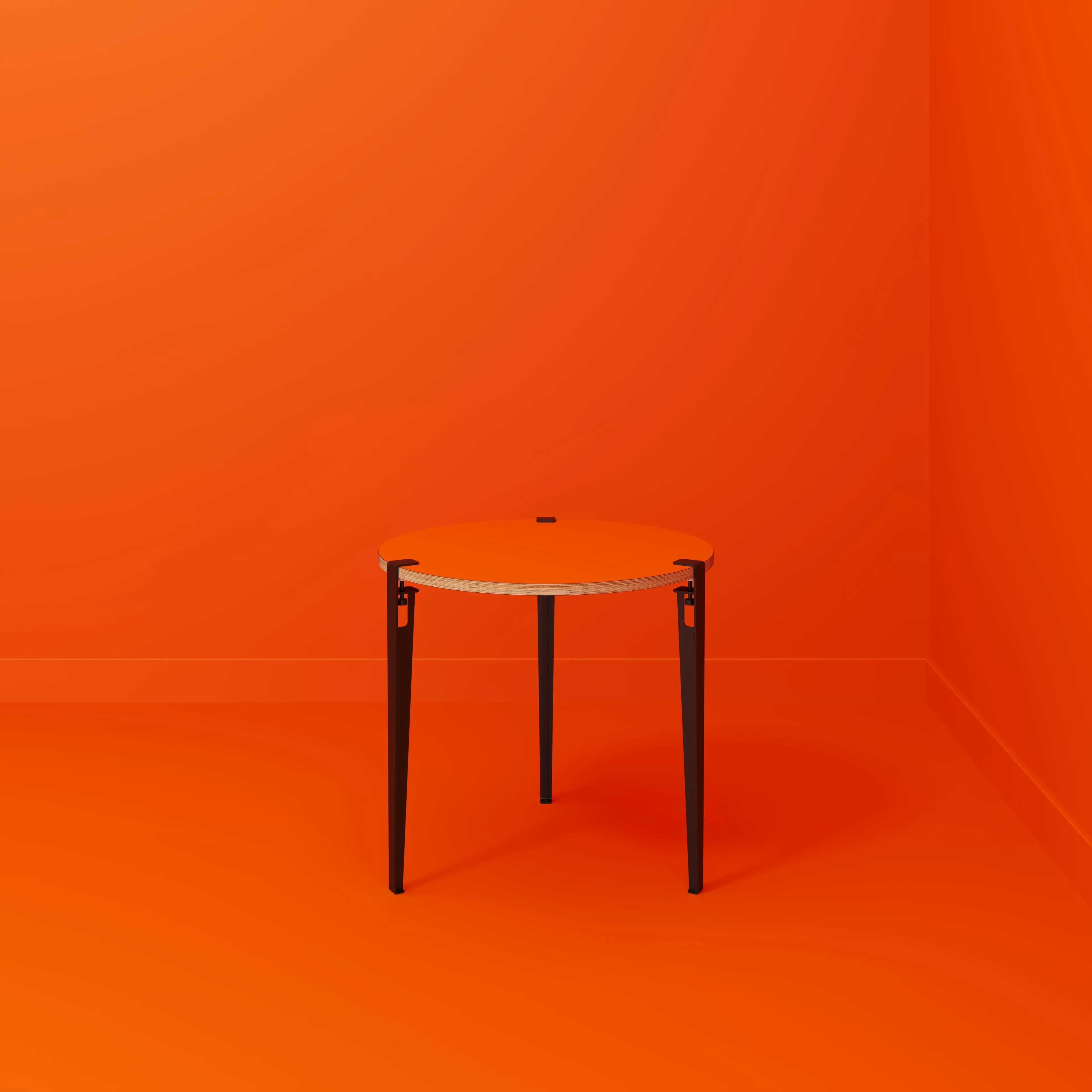 Plywood Round Table with Black Tiptoe Legs - Formica Levante Orange - 800(dia) x 750(h)