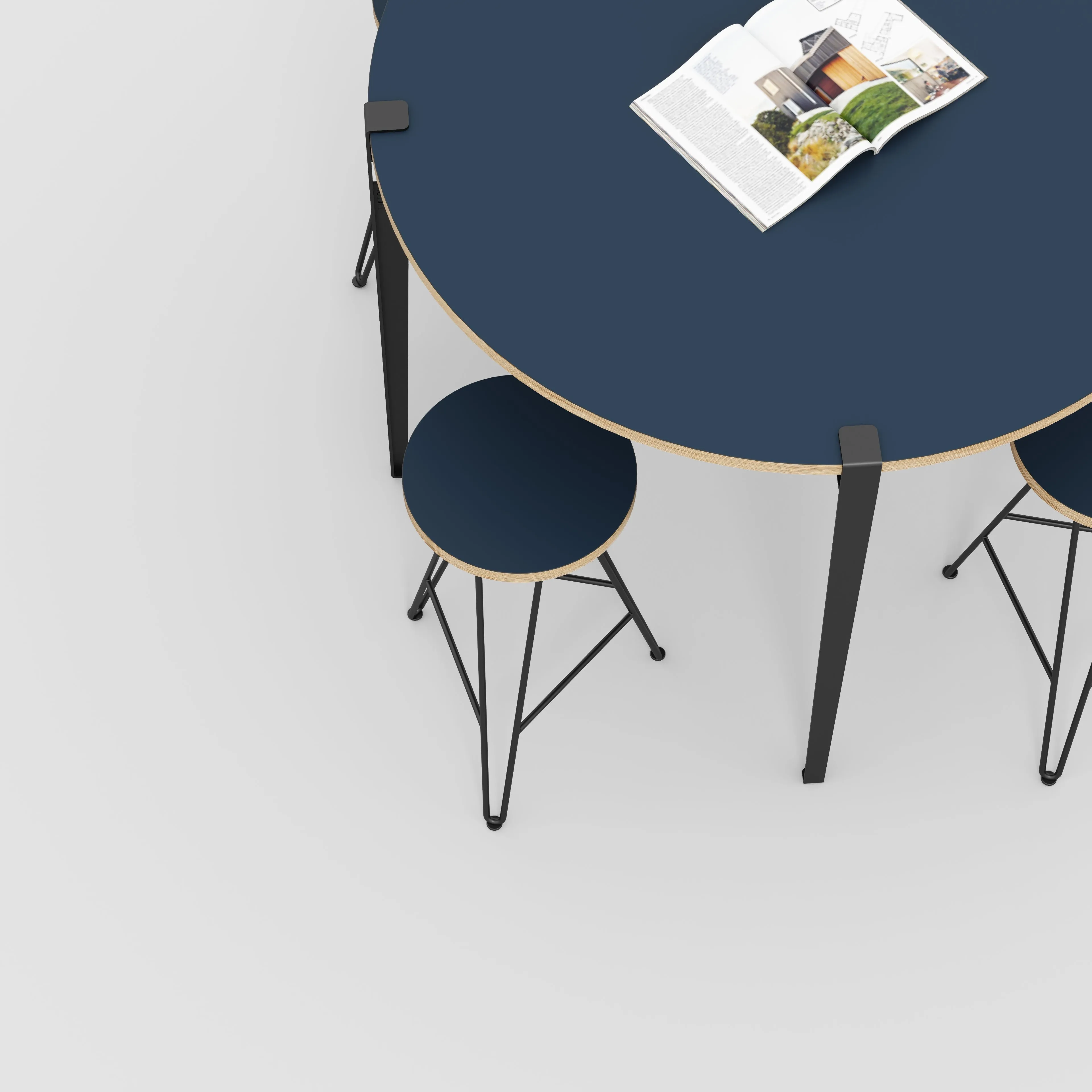 Plywood Round Table with Black Tiptoe Legs - Formica Night Sea Blue - 1200(dia) x 900(h)