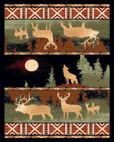 "Elk & Wolf" Rustic Cabin Area Rug - 4 x 5