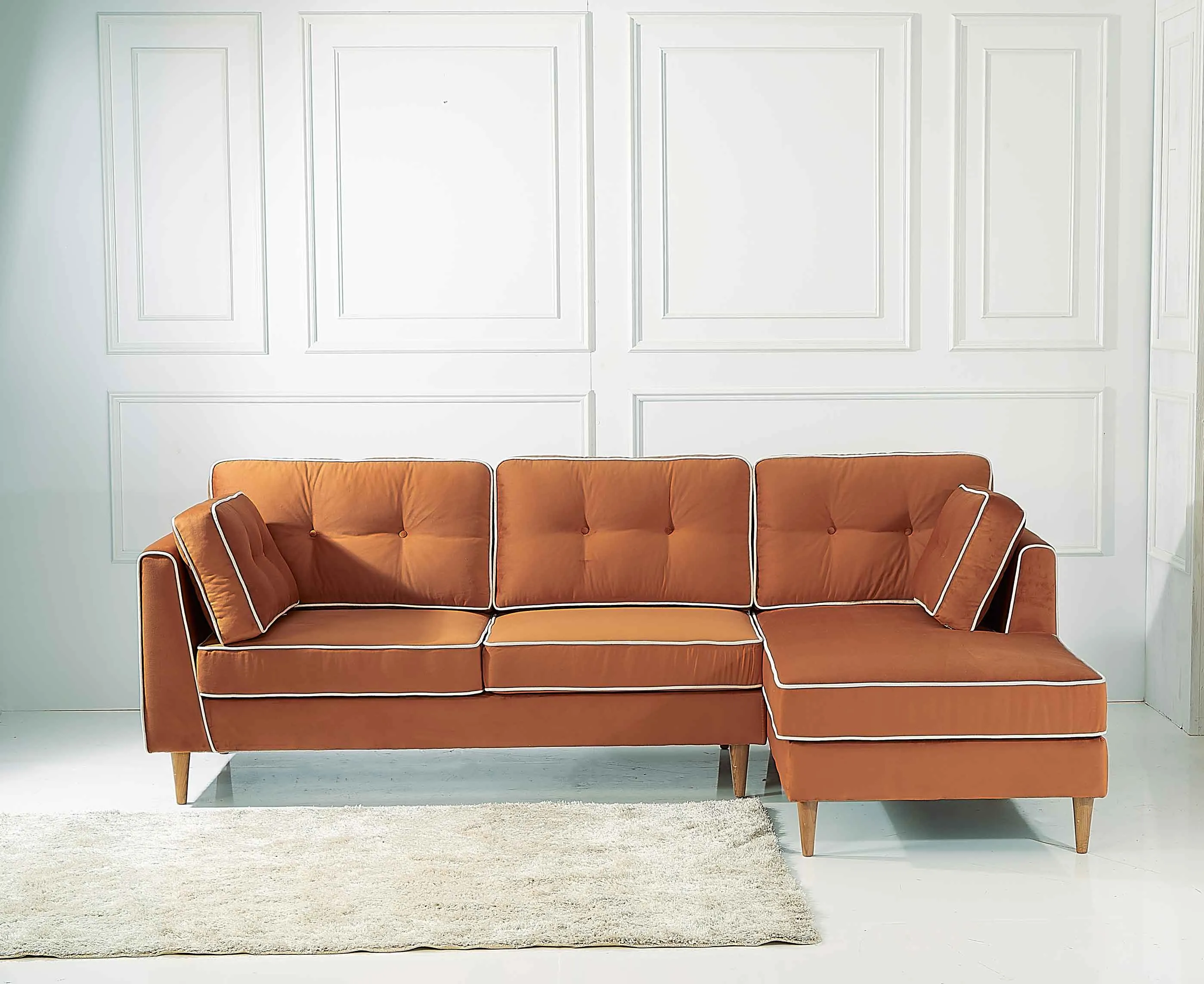 Rubeza Leo 4 Seater Right Hand Facing Chaise End Corner Sofa - Burnt Orange & White