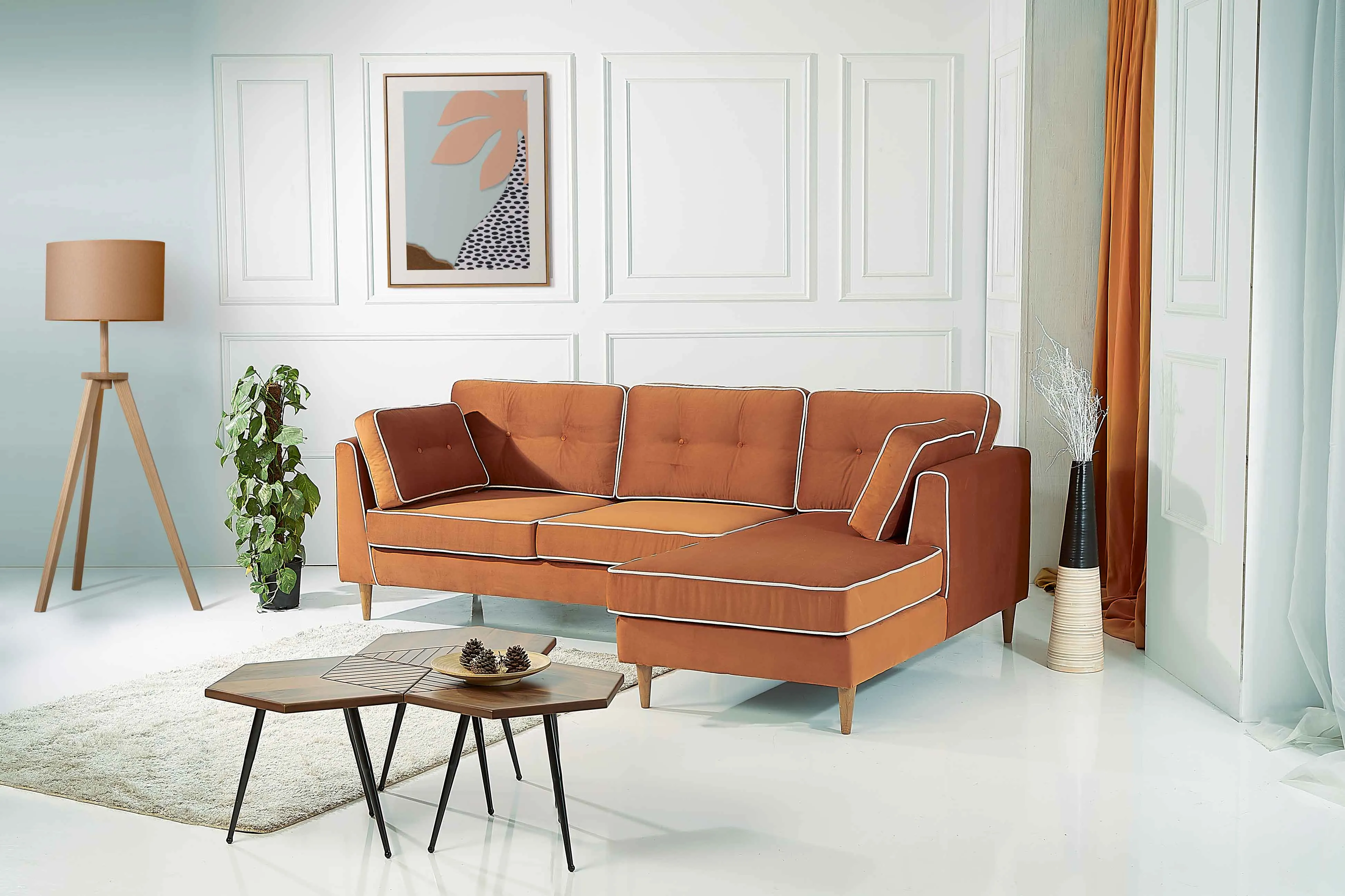 Rubeza Leo 4 Seater Right Hand Facing Chaise End Corner Sofa - Burnt Orange & White