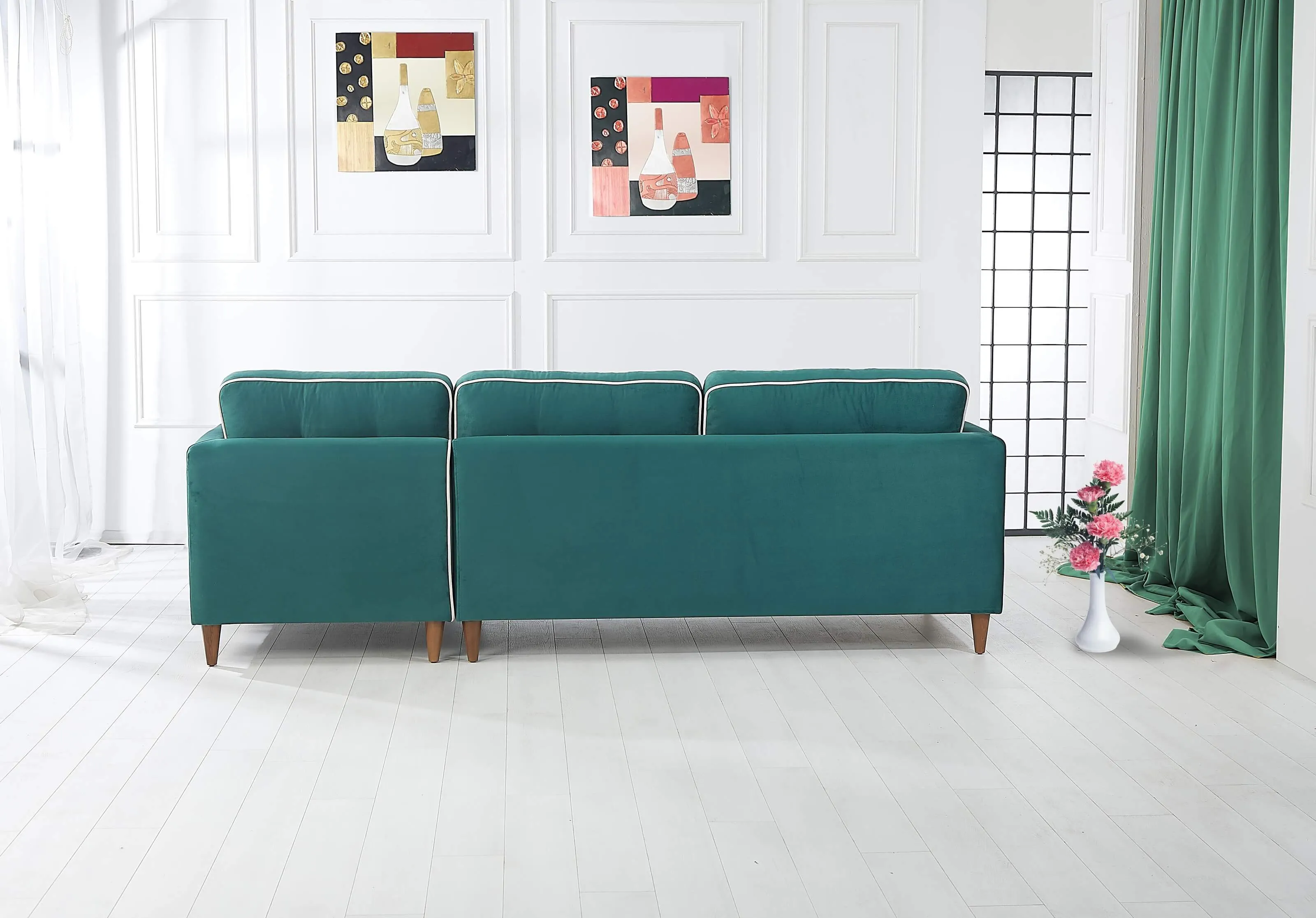 Rubeza Leo 4 Seater Right Hand Facing Chaise End Corner Sofa - Super Emerald Green & White