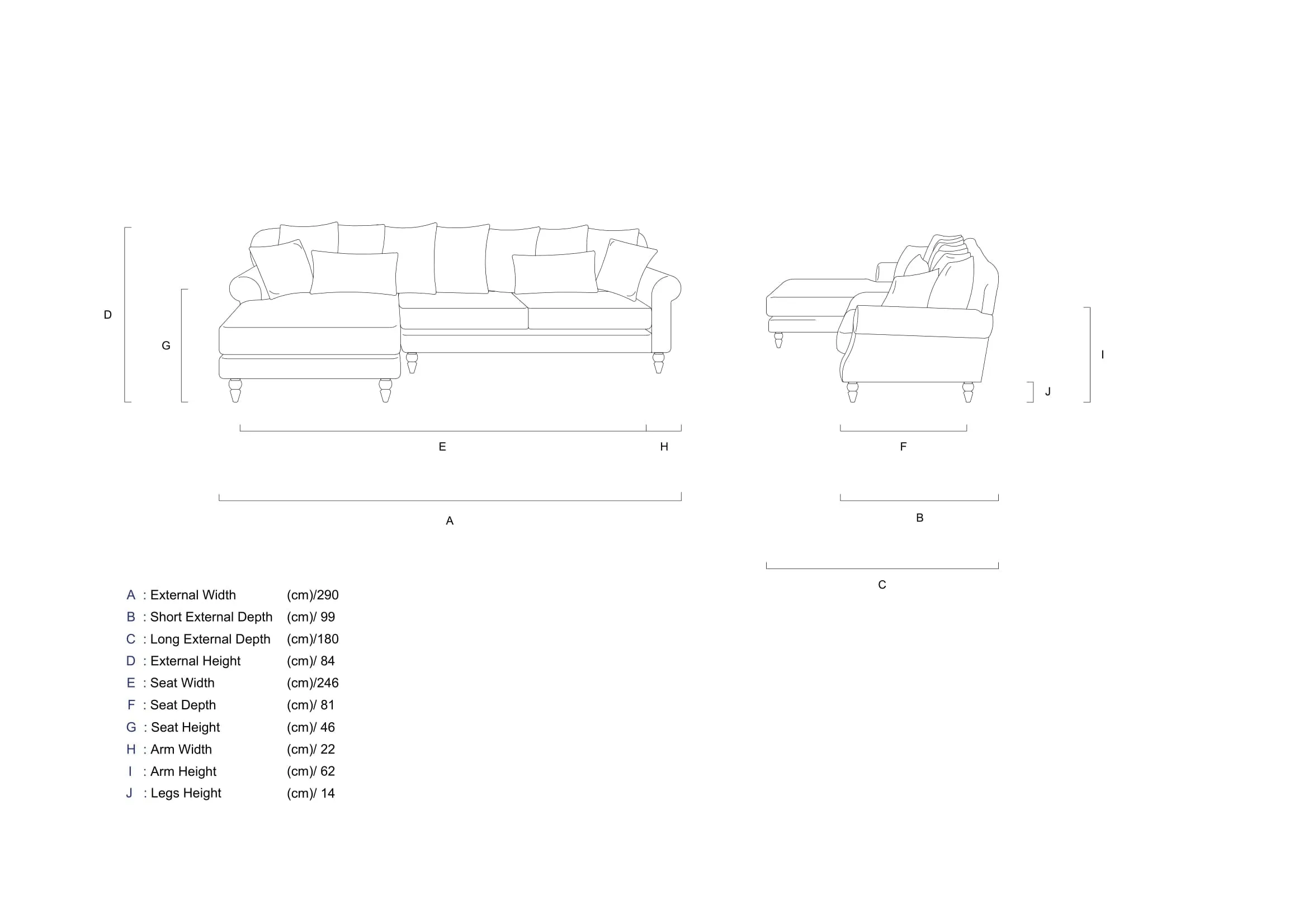 Rubeza Paula 2 Seater/Chaise - Steel Blue