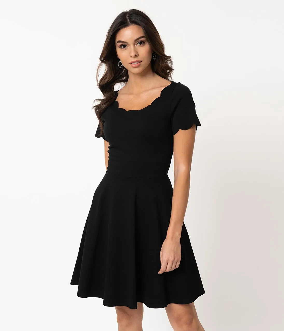 Smak Parlour Black Stretch Scalloped Short Sleeve Charmed Fit & Flare Dress