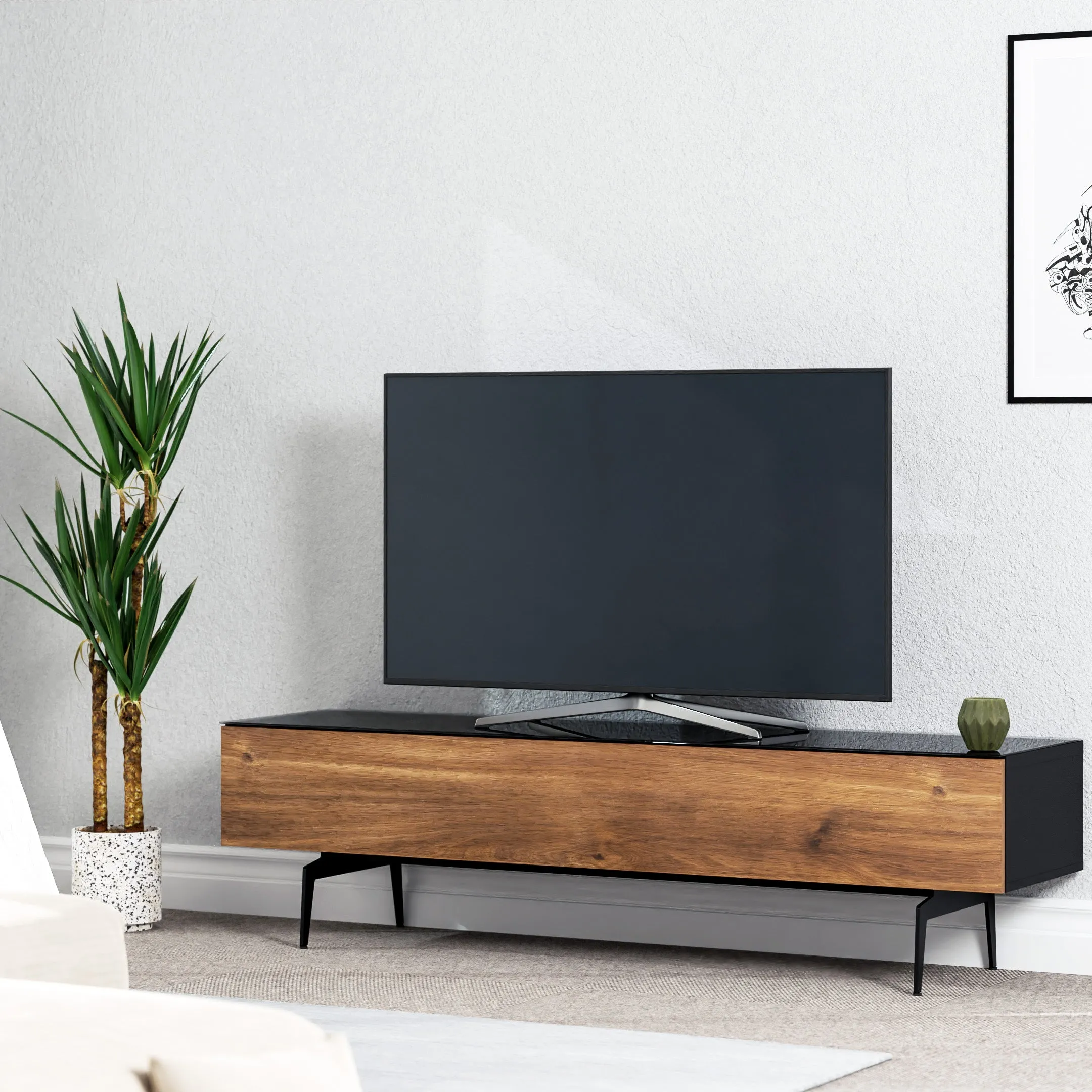 Sonorous Studio ST360 Modern TV Stand w/ Spike Legs for TVs up to 75" - Black / Walnut Wood Cover