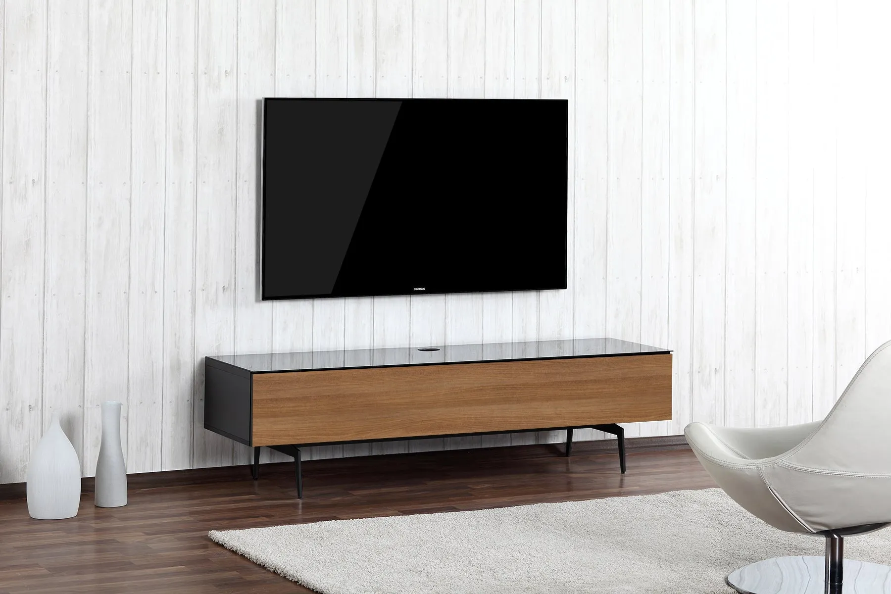 Sonorous Studio ST360 Modern TV Stand w/ Spike Legs for TVs up to 75" - Black / Walnut Wood Cover