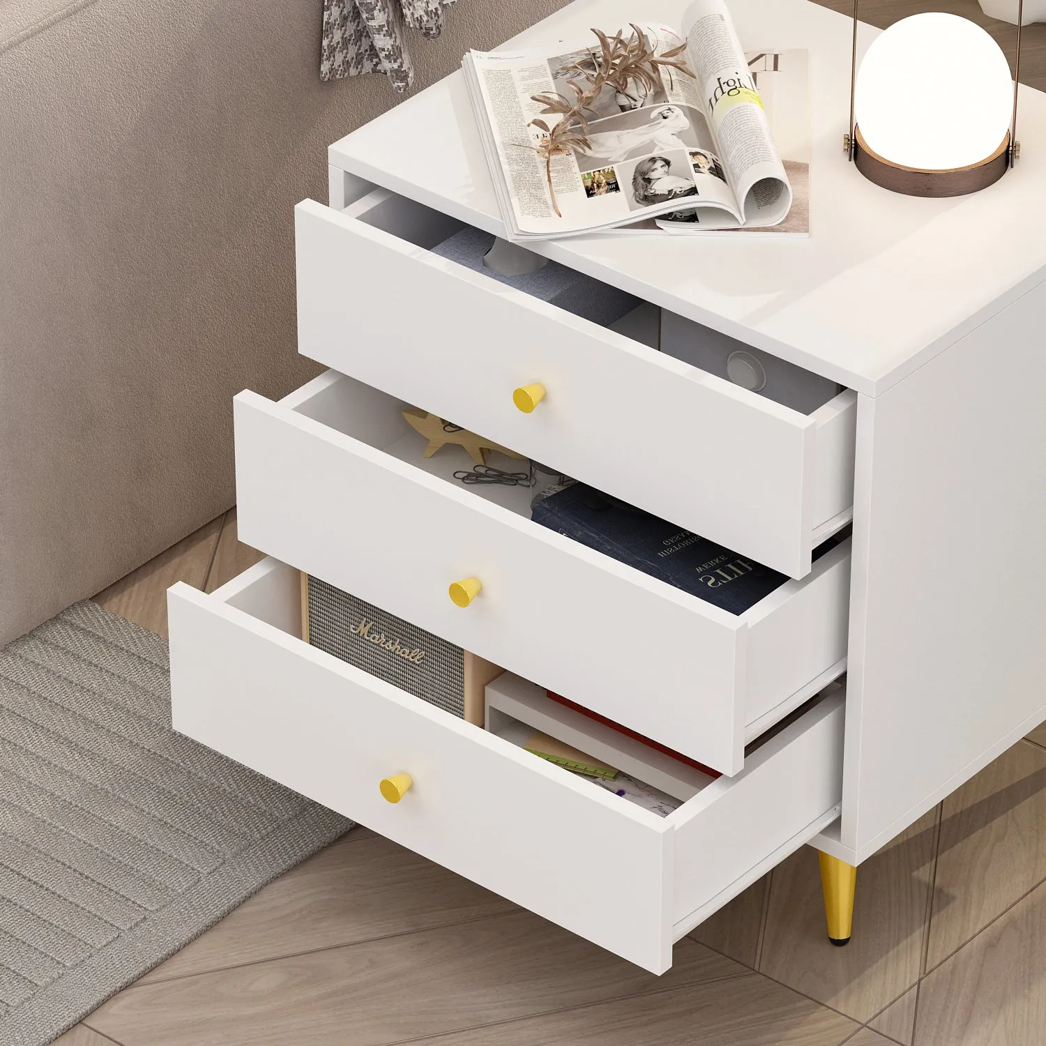 Storage Nightstand Chest 3 Drawers Cabinet in Bedroom with Metal Parts