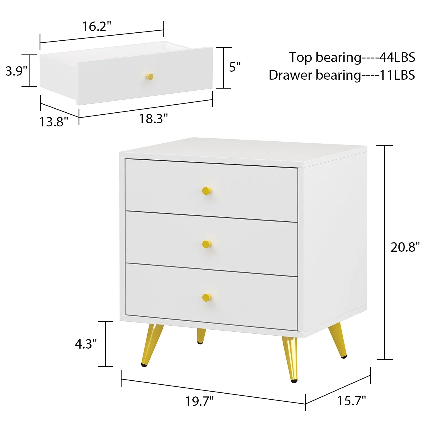 Storage Nightstand Chest 3 Drawers Cabinet in Bedroom with Metal Parts