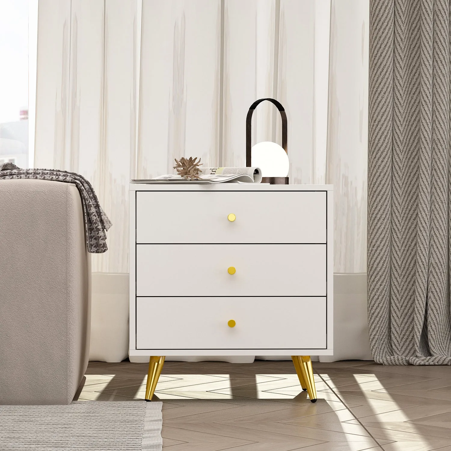 Storage Nightstand Chest 3 Drawers Cabinet in Bedroom with Metal Parts