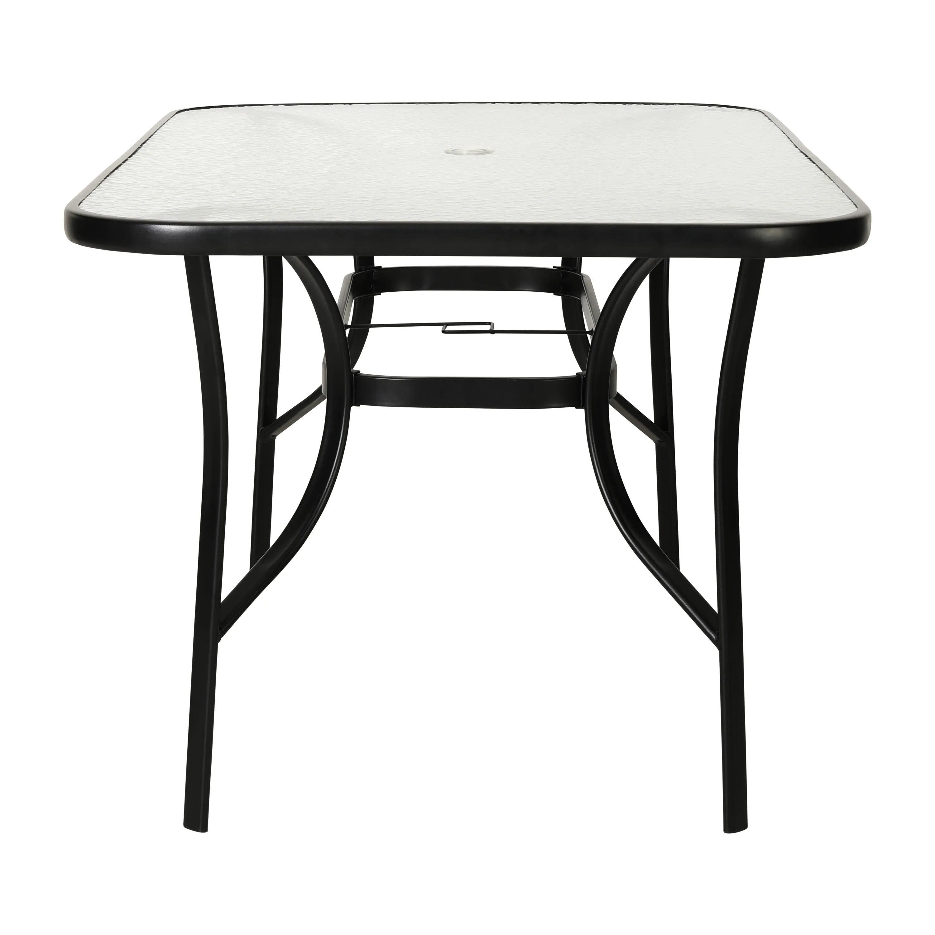 Tory Commercial Grade Patio Table with Tempered Glass Top with Umbrella Hole and Steel Tube Frame