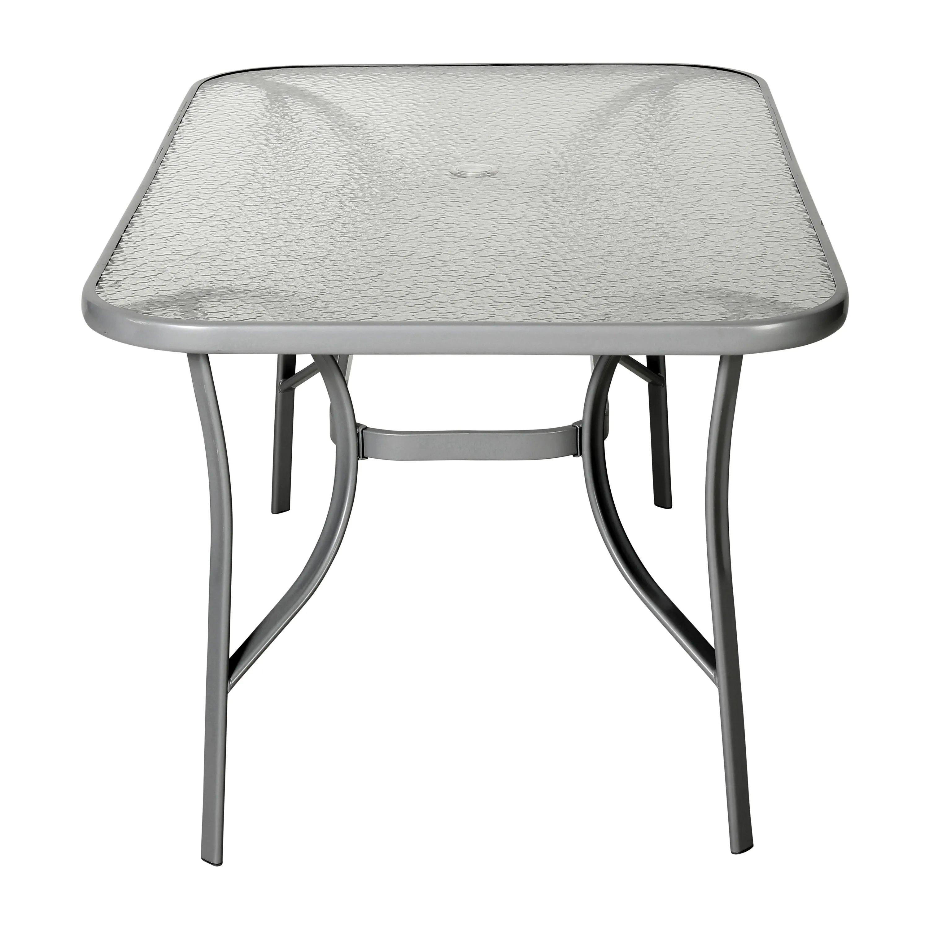 Tory Commercial Grade Patio Table with Tempered Glass Top with Umbrella Hole and Steel Tube Frame