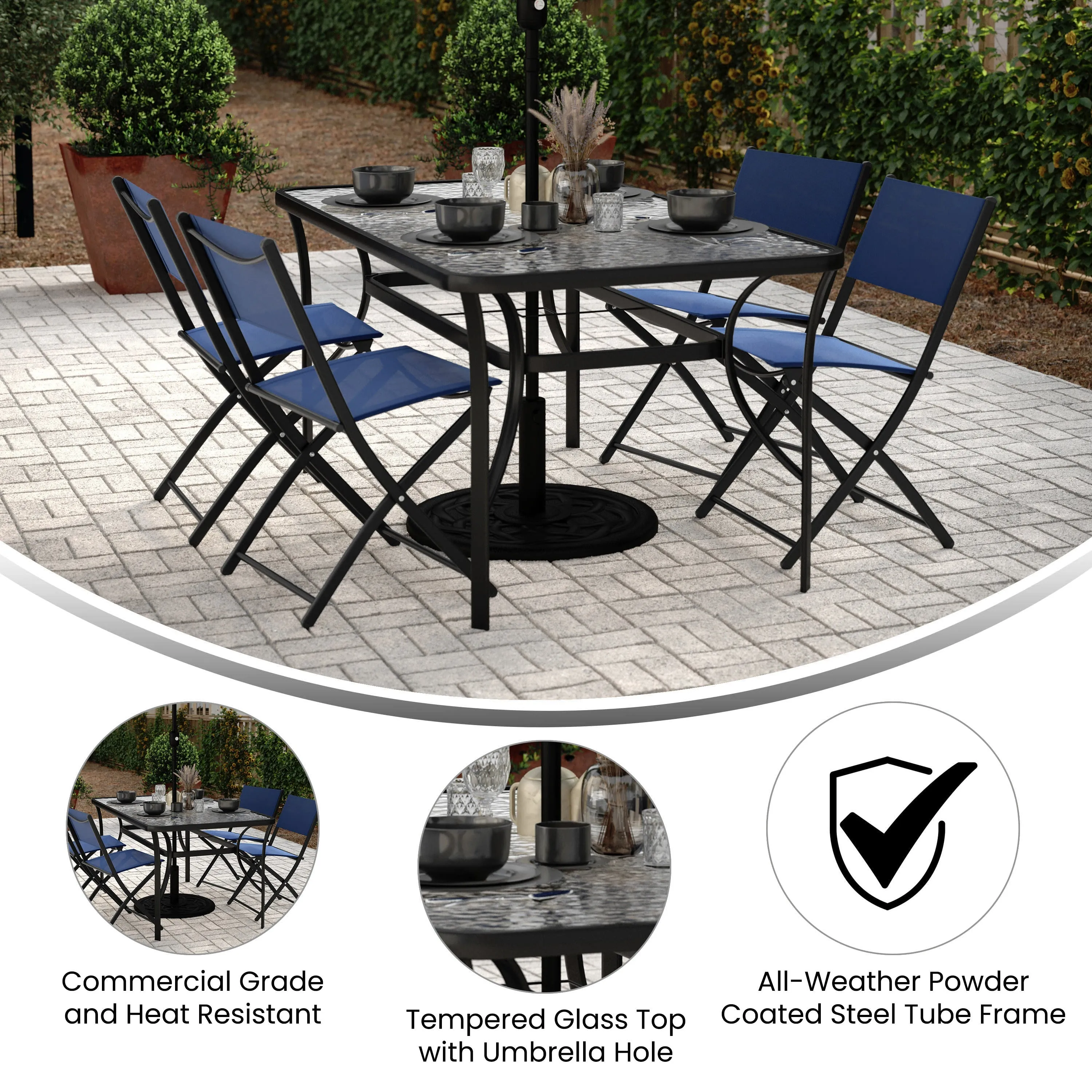 Tory Commercial Grade Patio Table with Tempered Glass Top with Umbrella Hole and Steel Tube Frame