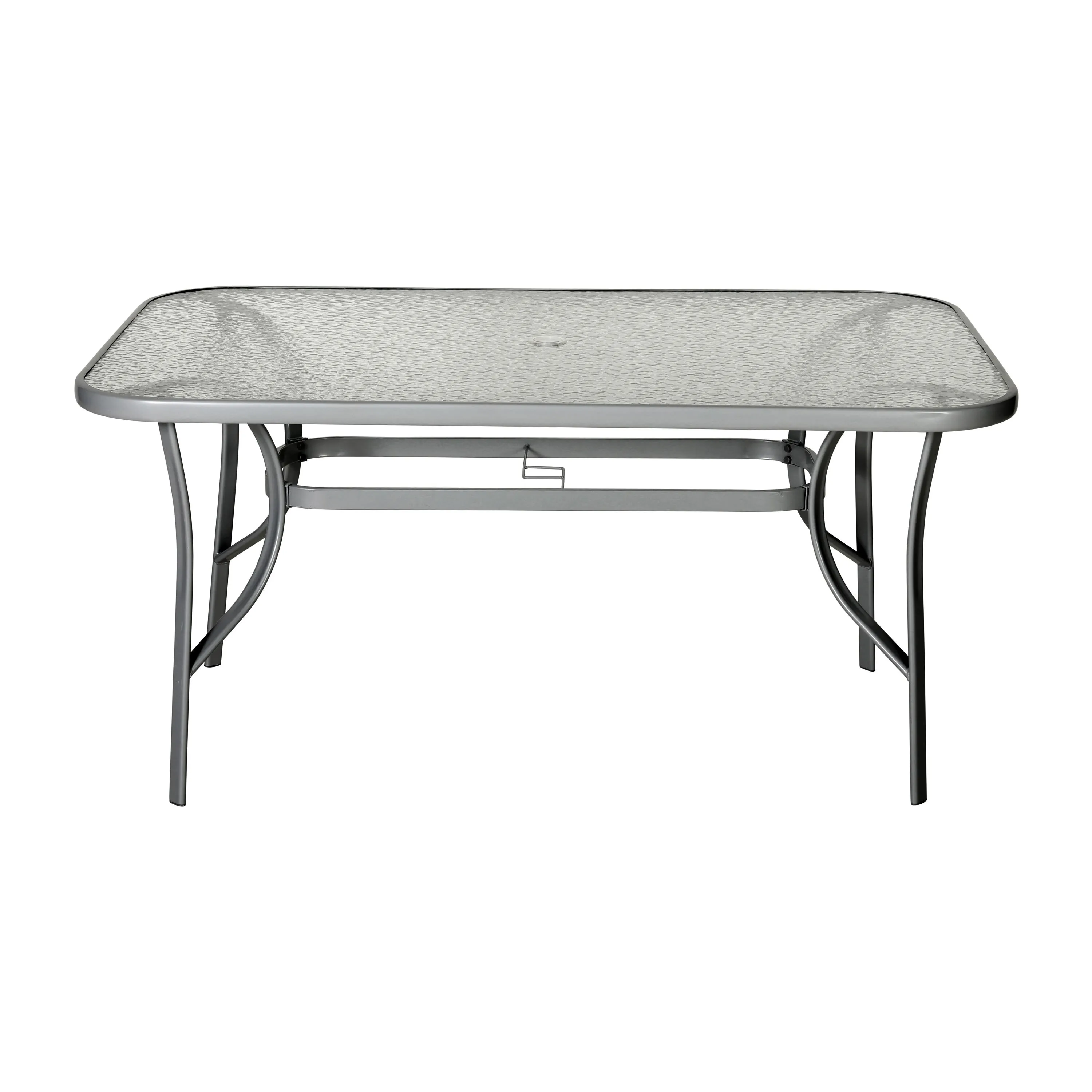 Tory Commercial Grade Patio Table with Tempered Glass Top with Umbrella Hole and Steel Tube Frame