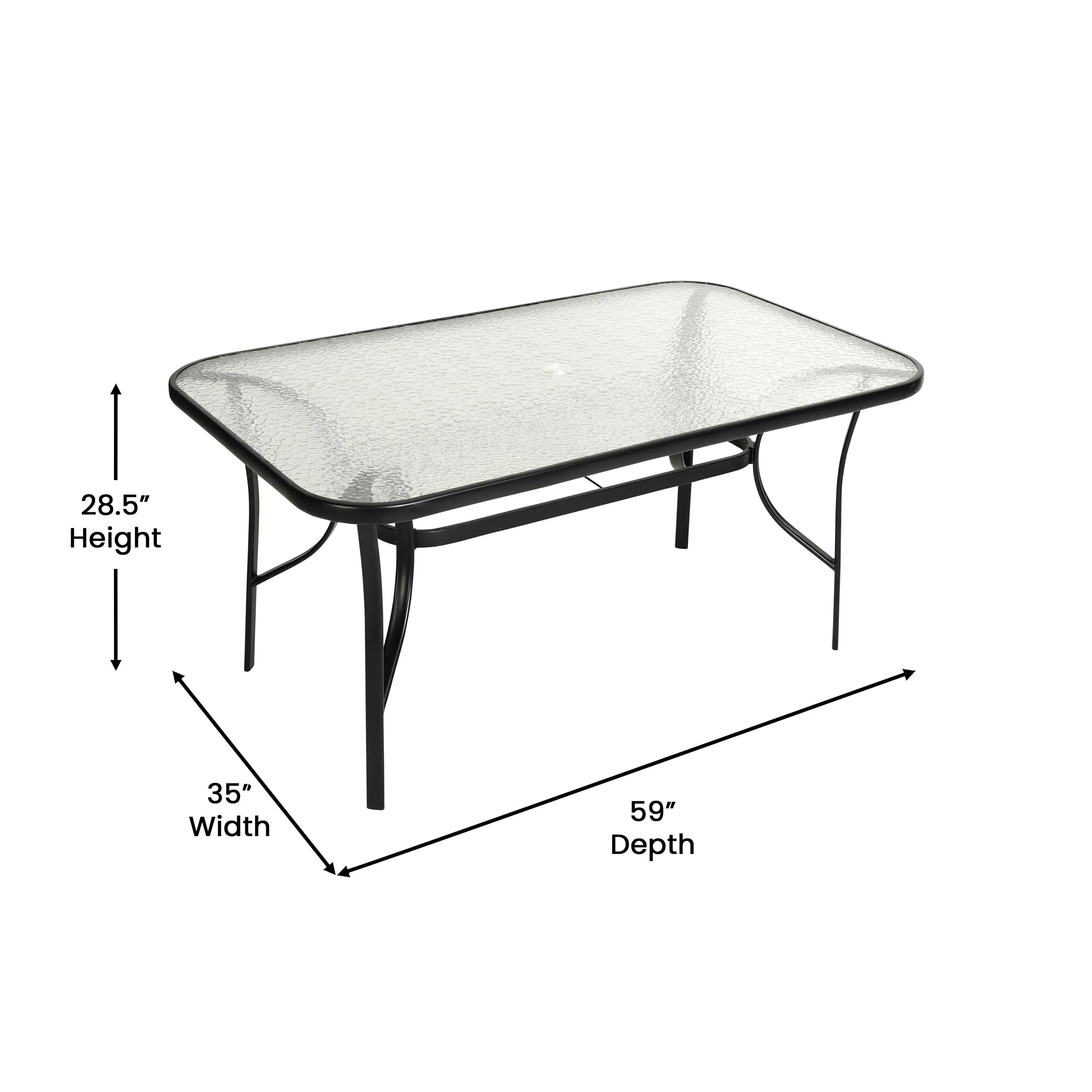 Tory Commercial Grade Patio Table with Tempered Glass Top with Umbrella Hole and Steel Tube Frame