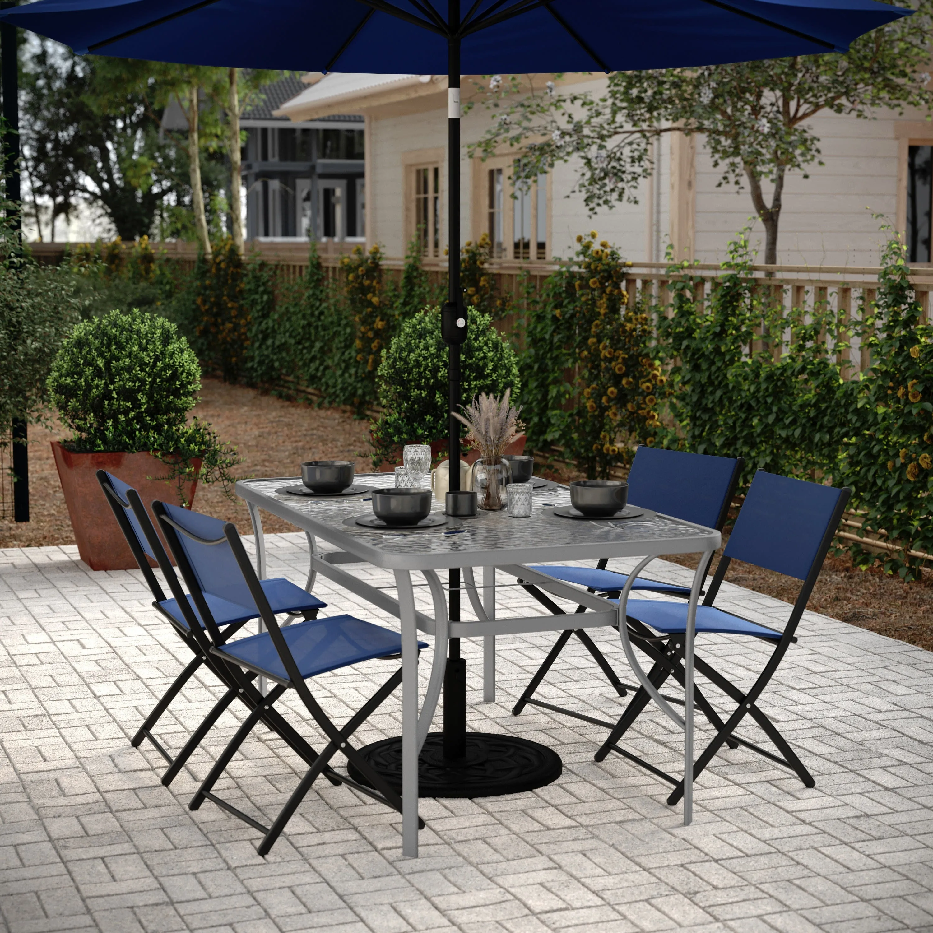 Tory Commercial Grade Patio Table with Tempered Glass Top with Umbrella Hole and Steel Tube Frame