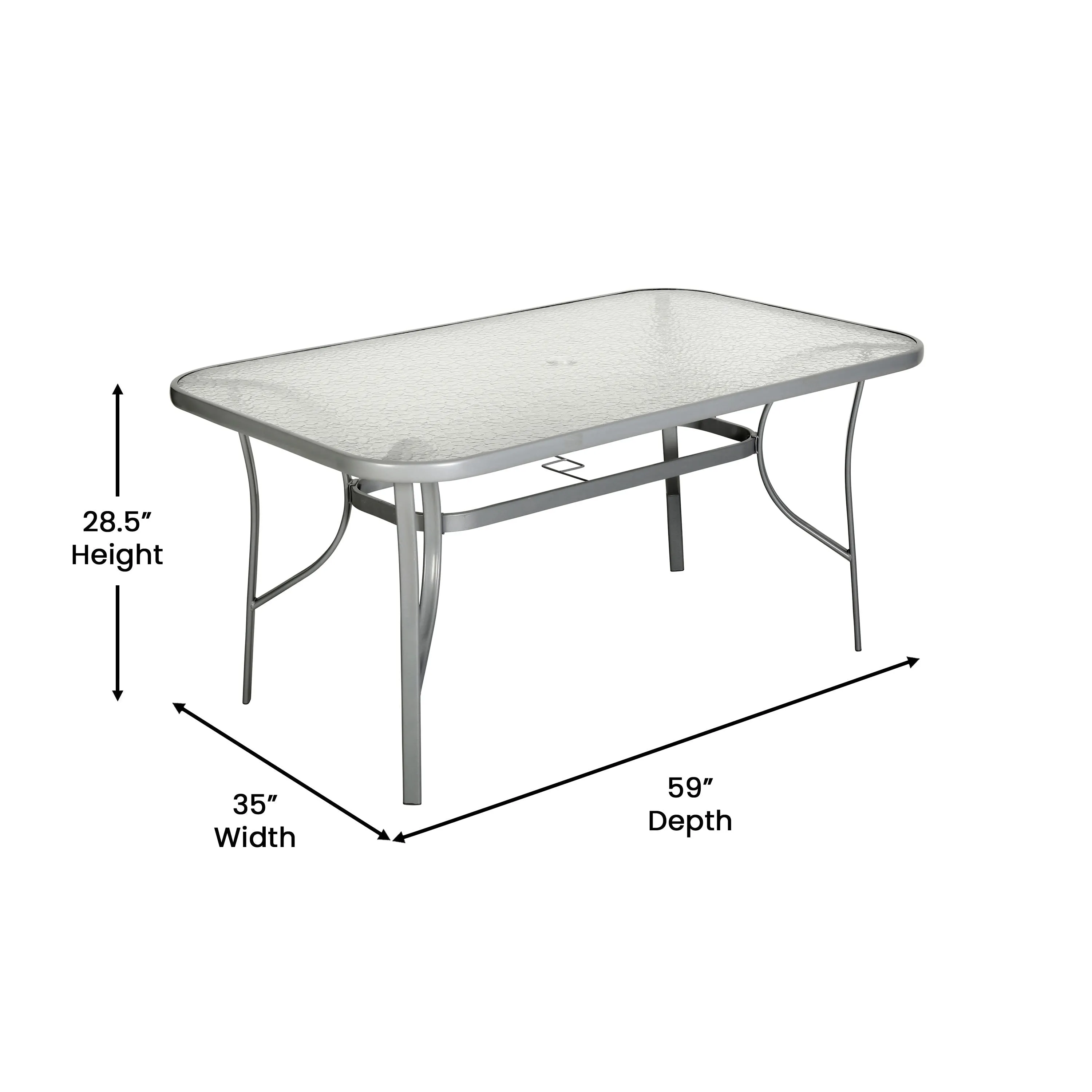 Tory Commercial Grade Patio Table with Tempered Glass Top with Umbrella Hole and Steel Tube Frame