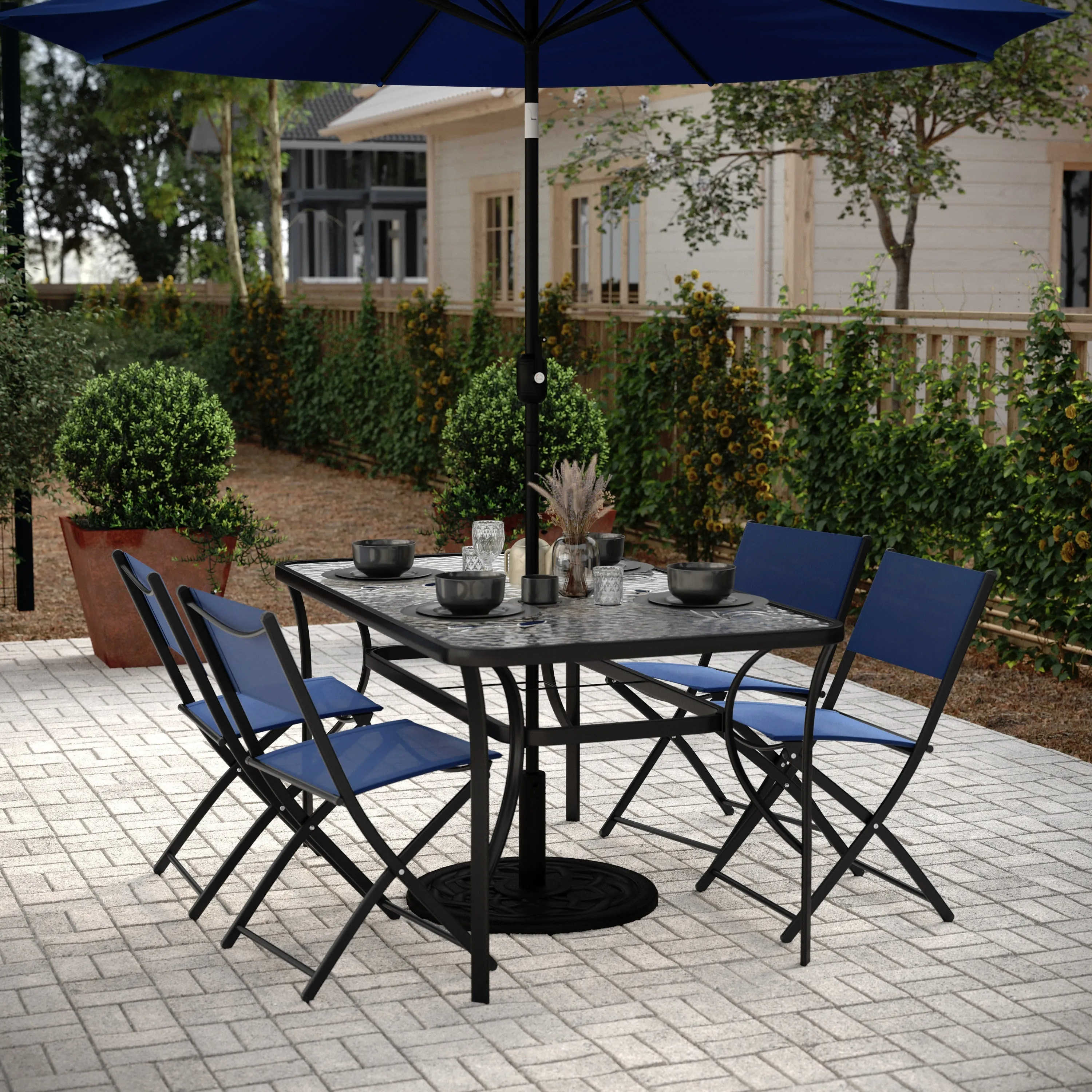 Tory Commercial Grade Patio Table with Tempered Glass Top with Umbrella Hole and Steel Tube Frame