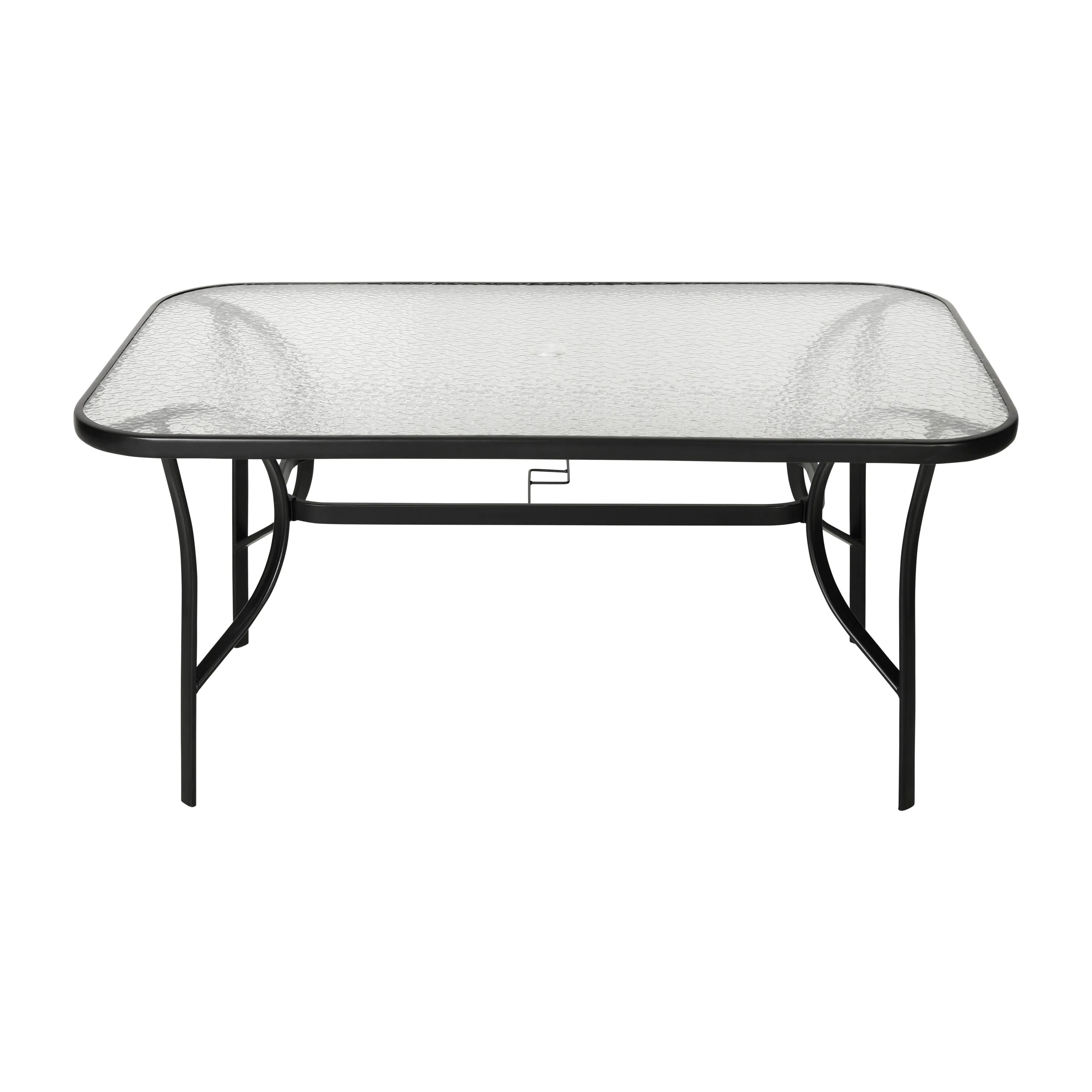 Tory Commercial Grade Patio Table with Tempered Glass Top with Umbrella Hole and Steel Tube Frame