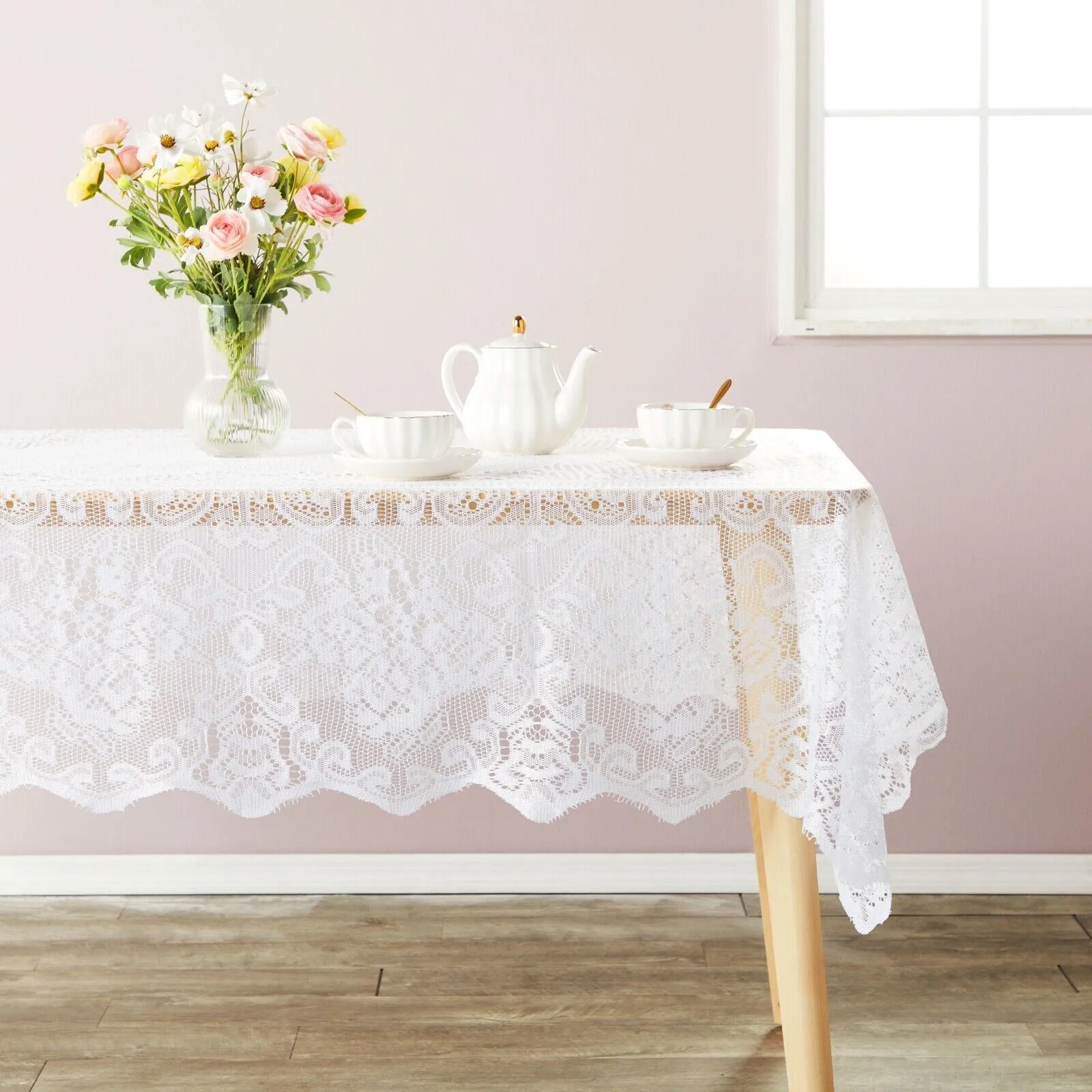 White Lace Tablecloth 54 x 72 In for Rectangular Tables, Vintage Style