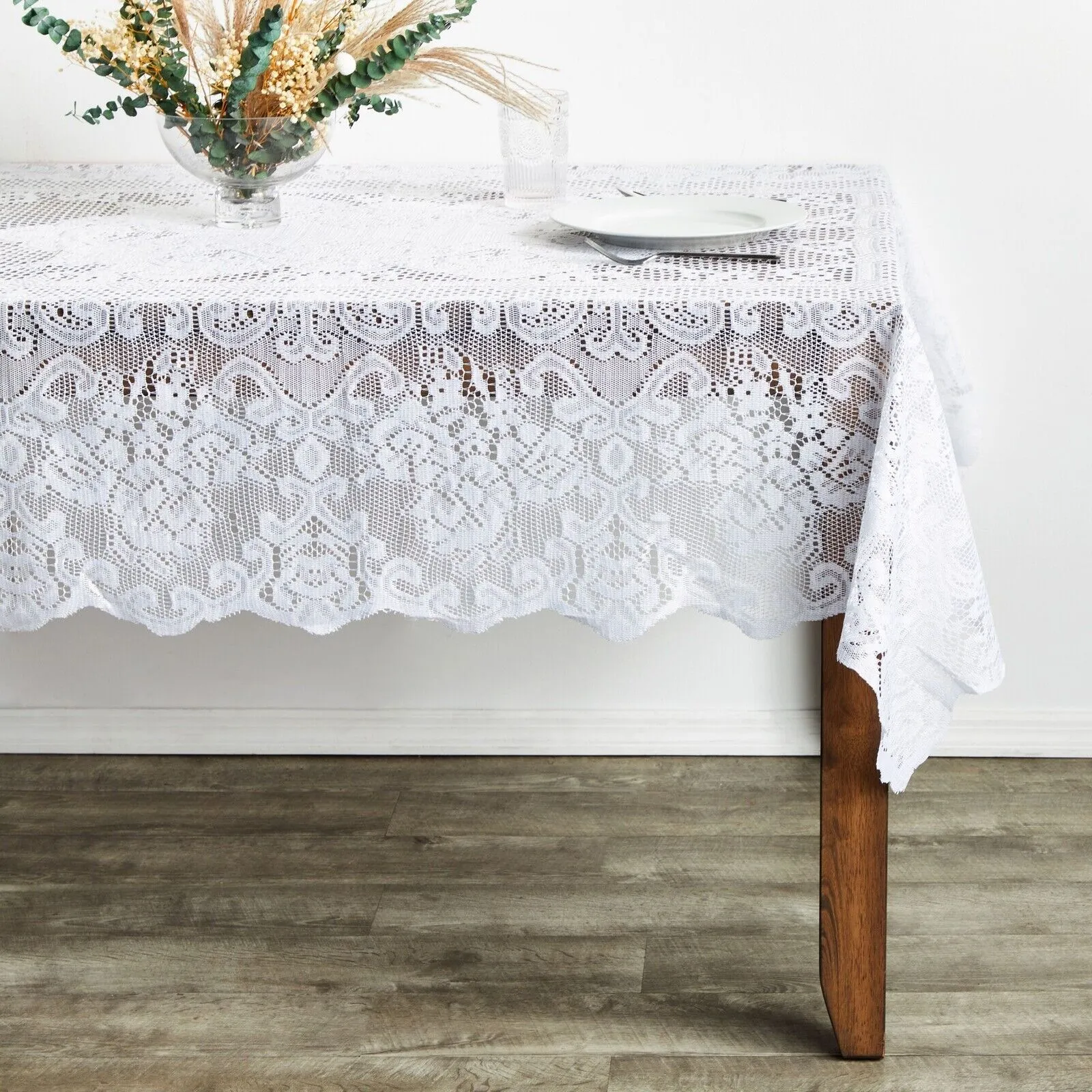 White Lace Tablecloth 54 x 72 In for Rectangular Tables, Vintage Style