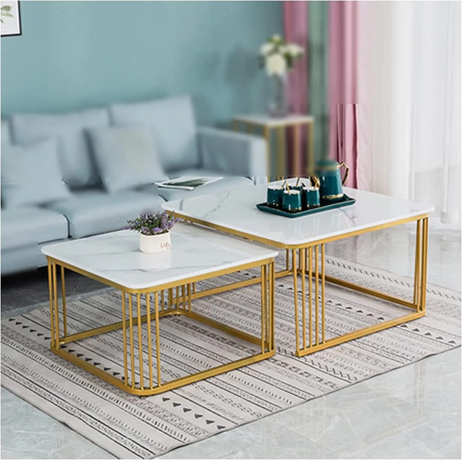 Zareen Mart Square Tea Coffee Table Set, 2 Piece Stacking Marbled Center Table with Golden Iron Frame for Living Room - Stylish End Tables for Bedroom or Apartments (White)