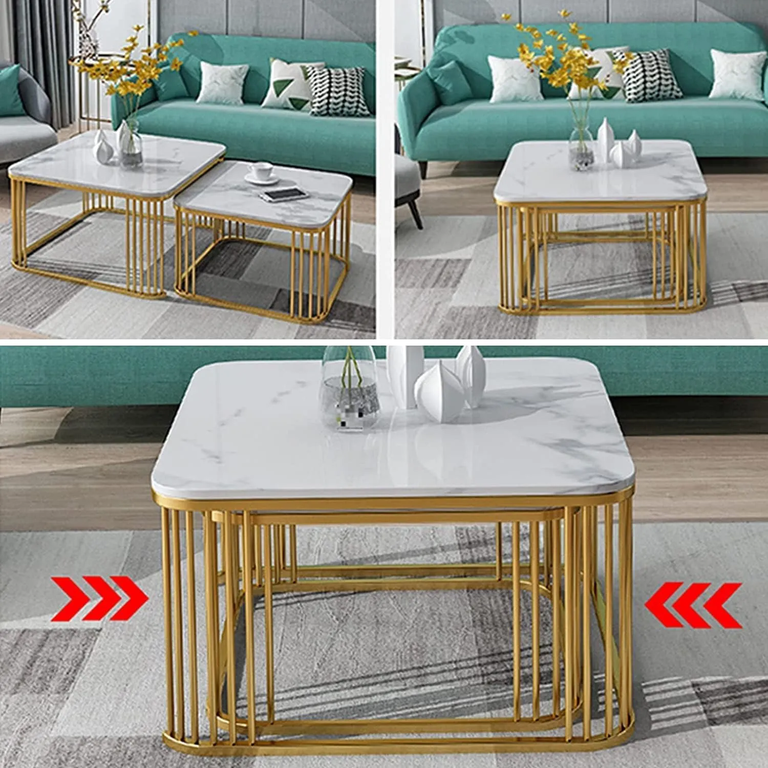 Zareen Mart Square Tea Coffee Table Set, 2 Piece Stacking Marbled Center Table with Golden Iron Frame for Living Room - Stylish End Tables for Bedroom or Apartments (White)